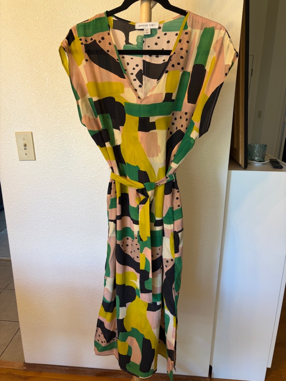 Amour Vert Silk Abstract Brushstroke Maxi Dress in Green, Pink & Black